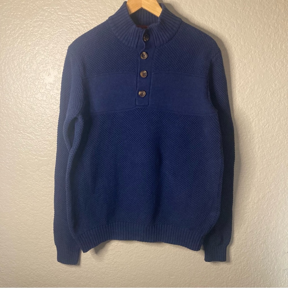 Izod Men's Navy Blue Ribbed 4 Button Mock Neck Knit Pullover Sweater 100% Cotton